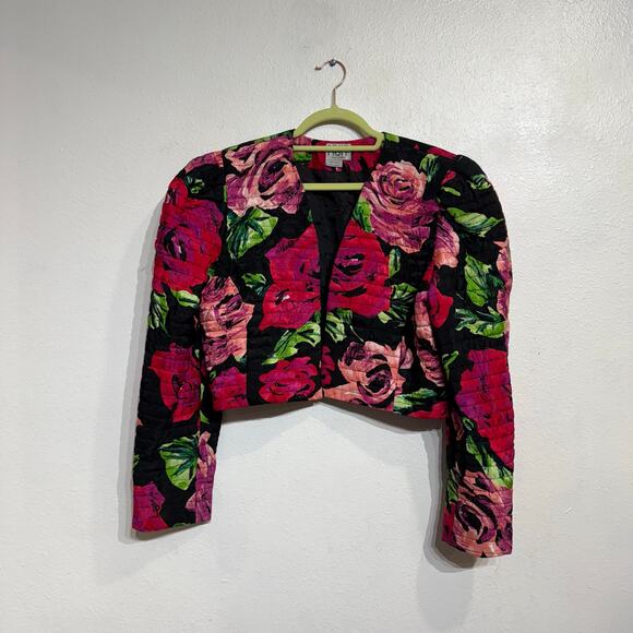 Nuit Black Floral Silk Cropped Vintage Bolero Jacket Sz M - Picture 2 of 10